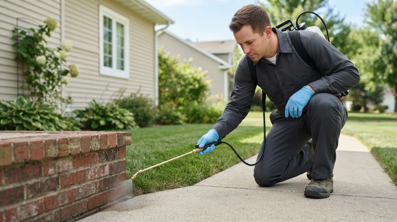 Pest control technician treating a home near Quaker City, OH