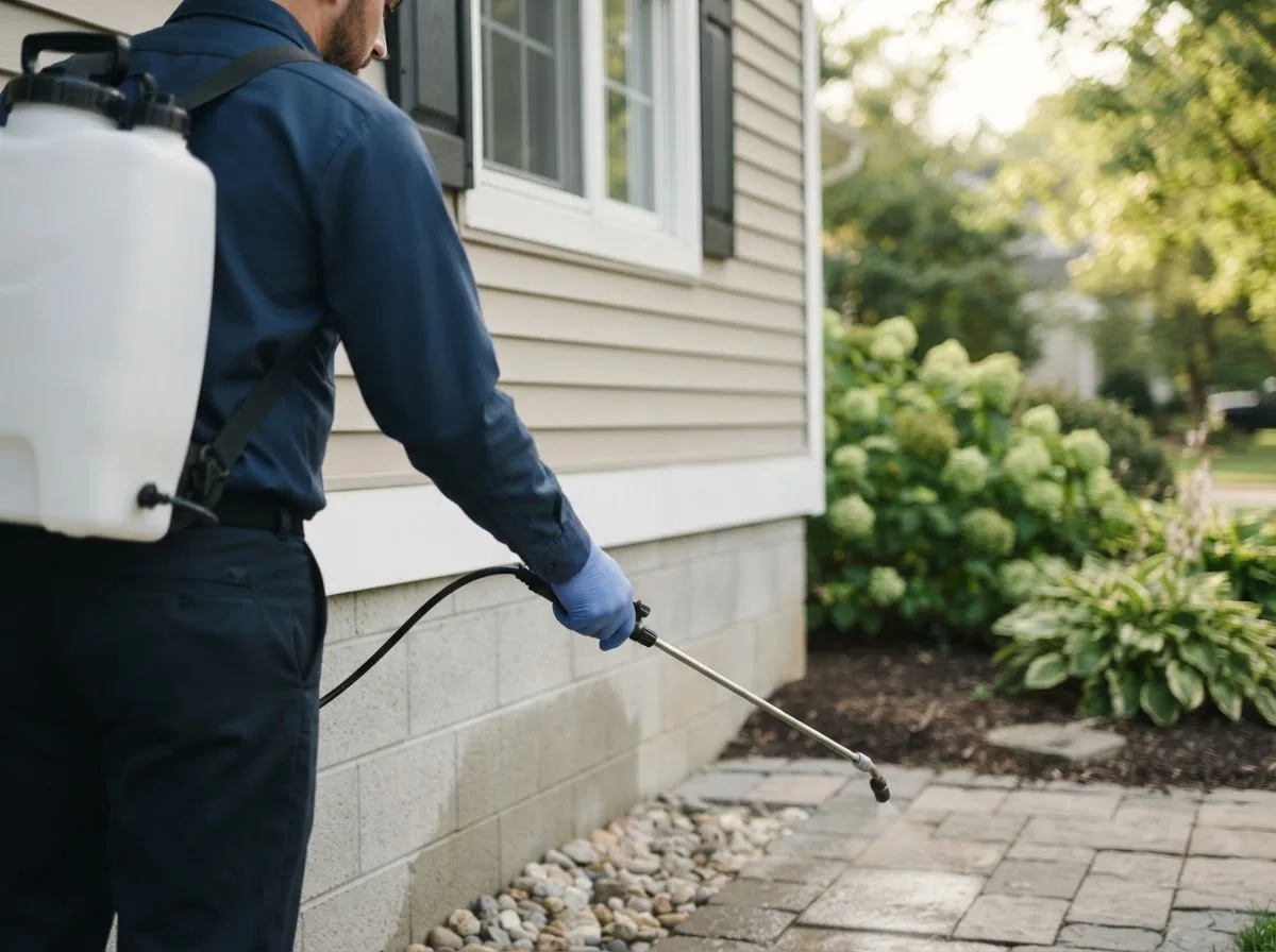 Pest control technician inspecting a home in Quaker City, OH